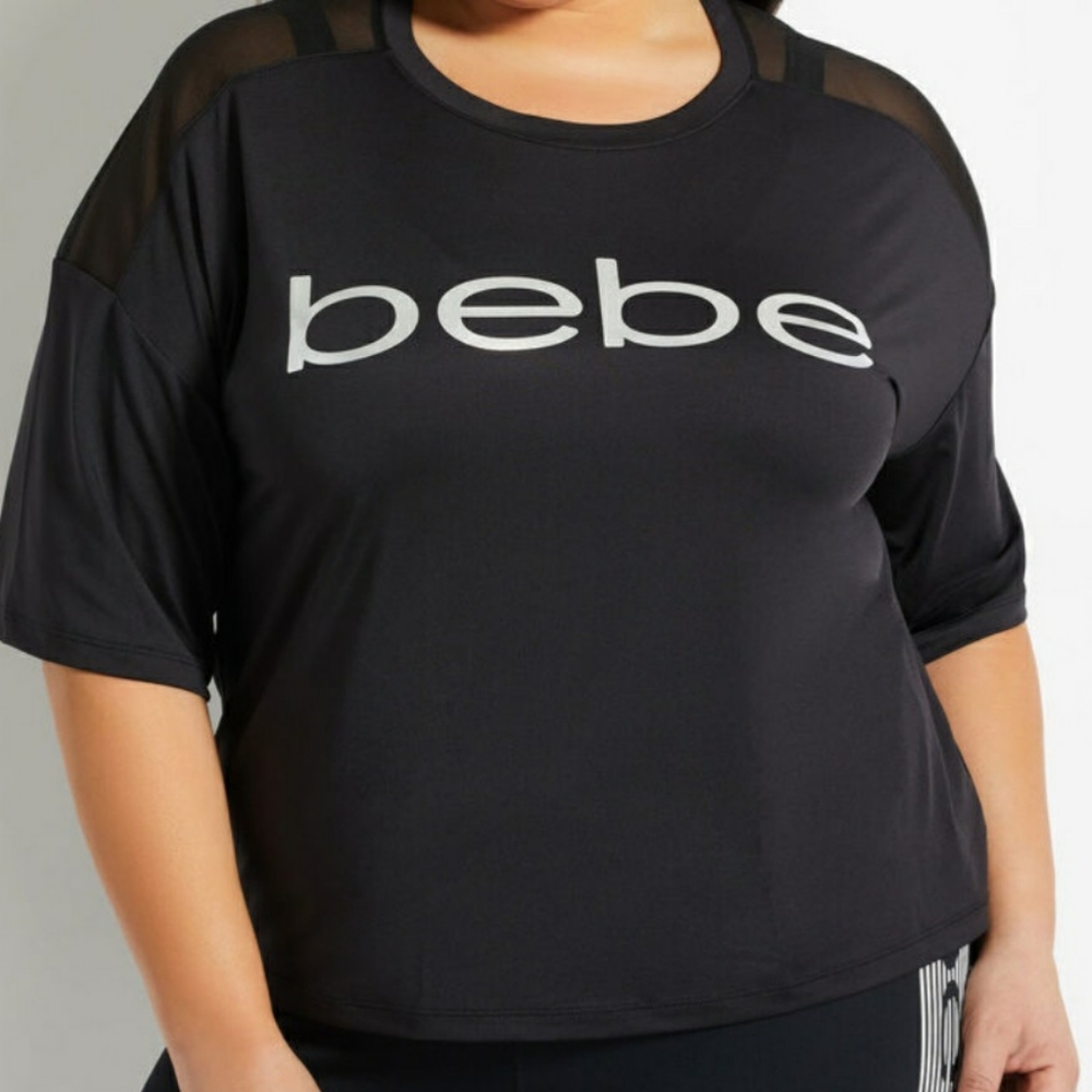 NWT Bebe Sport Black Mesh Trim Logo Tee Size 3X